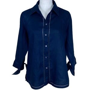 Navy Linen Lightweight Breathable Tie Sleeve Button Down Top M Costal Travel